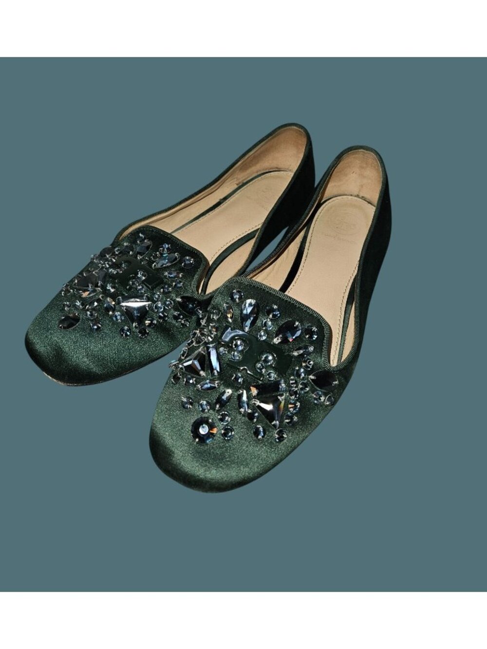 Tory Burch Green Satin Delphine T Logo Embellished Ballet Flats Size 8M - Picture 8 of 14